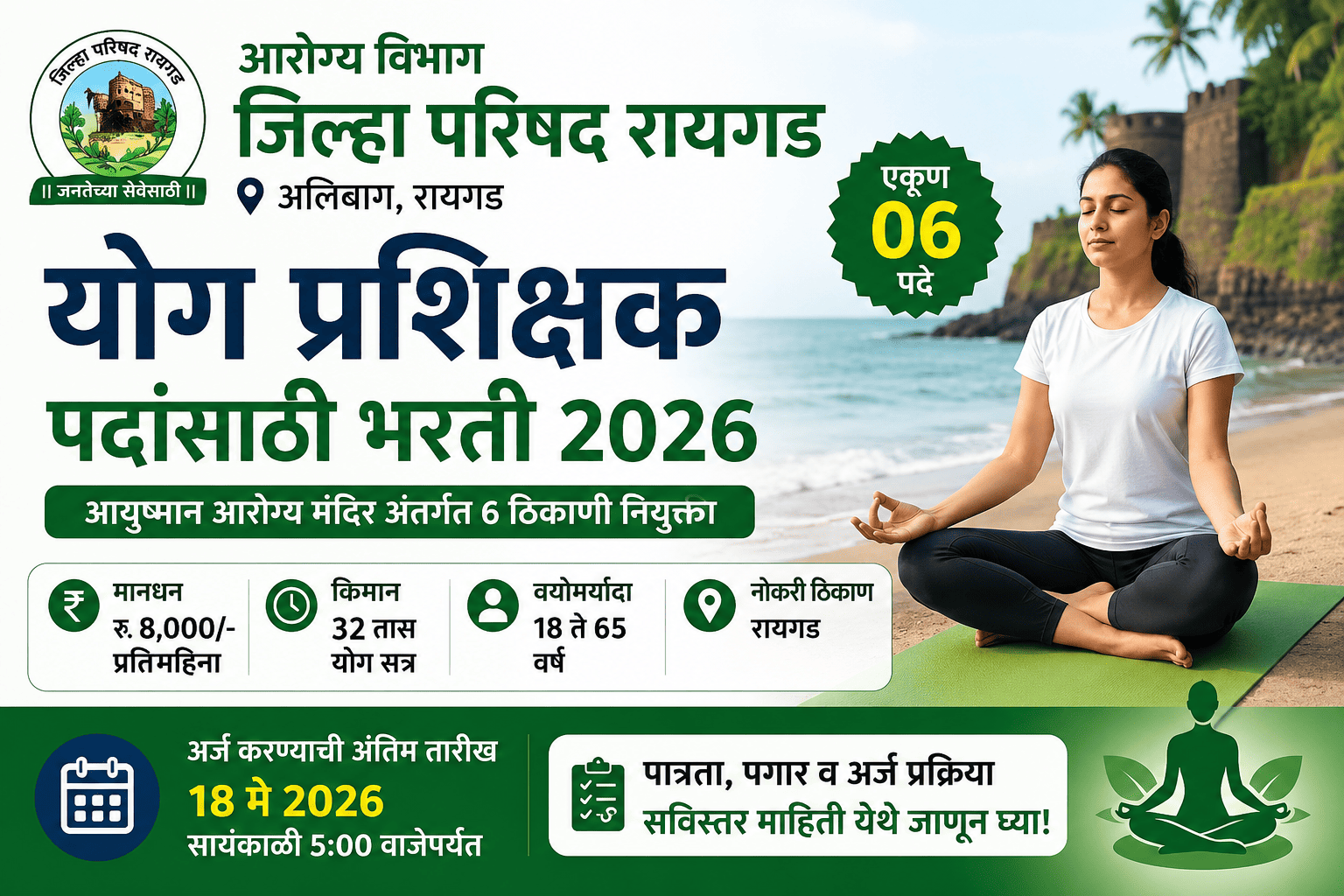 Arogya Vibhag Raigad Bharti 2026 योग प्रशिक्षक भरती फीचर इमेज – रायगड जिल्हा परिषद अंतर्गत 06 योग प्रशिक्षक पदांसाठी भरती, पगार, वयोमर्यादा आणि अर्जाची अंतिम तारीख माहिती
