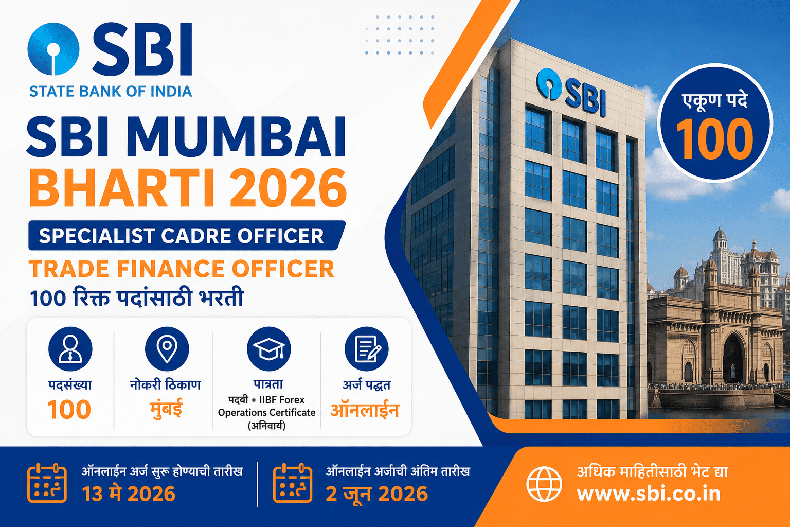 State Bank of India Trade Finance Officer recruitment for 100 vacancies